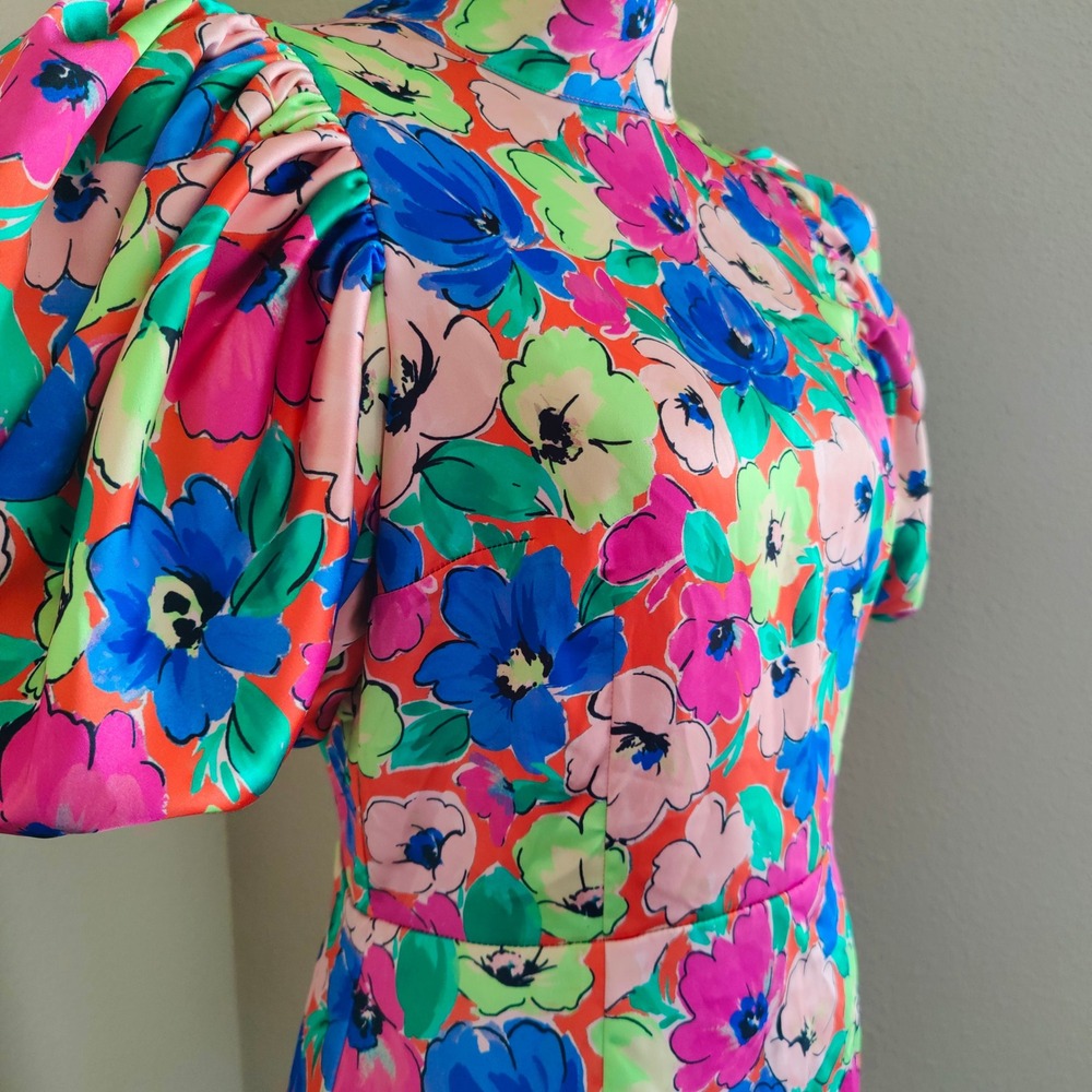ROTATE Birger Christensen Floral Satin Puff Sleeve Mini Dress Open Back US 10 - Picture 12 of 16